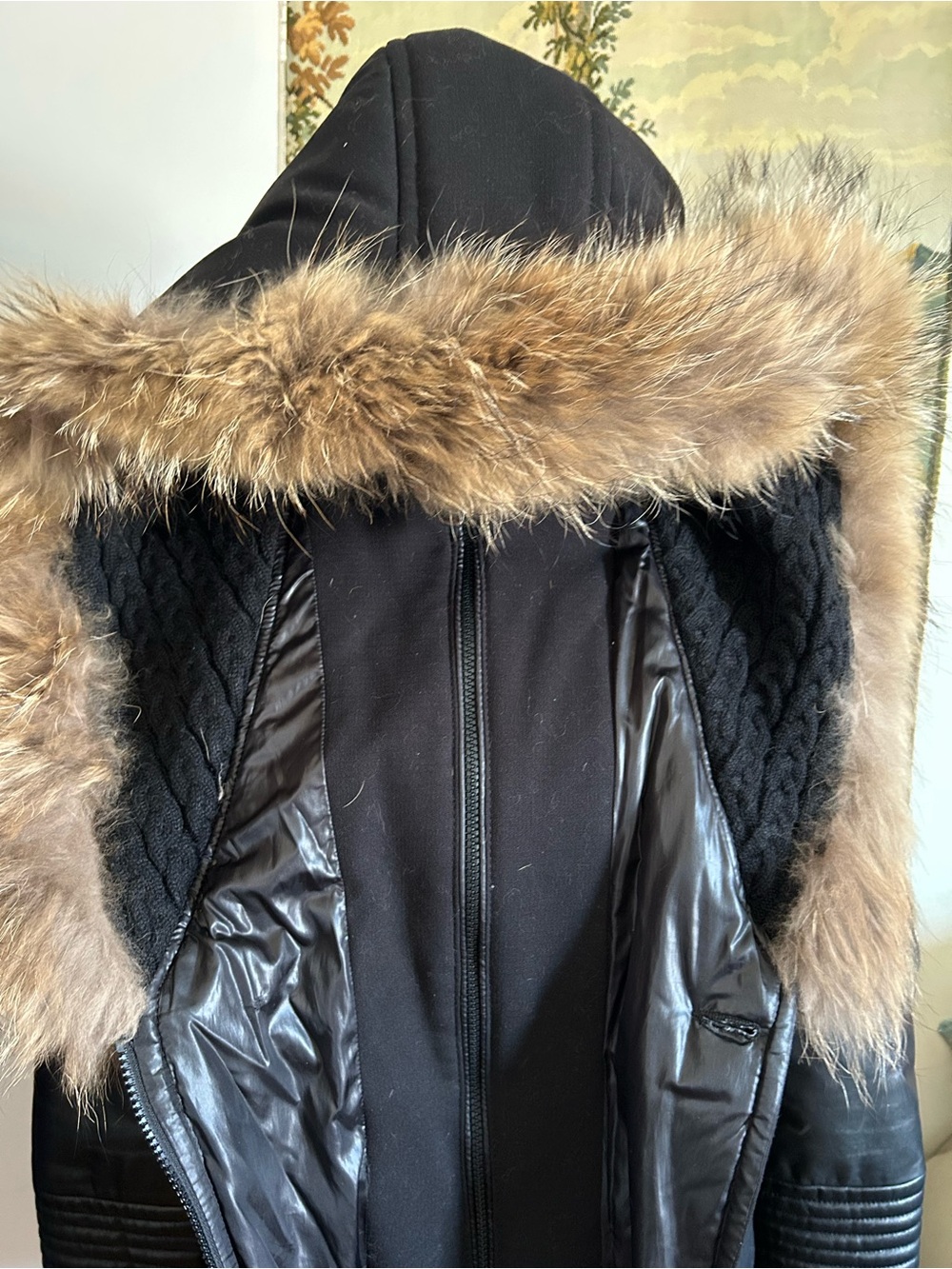Women’s Black Hooded Coat with real Fur Trim